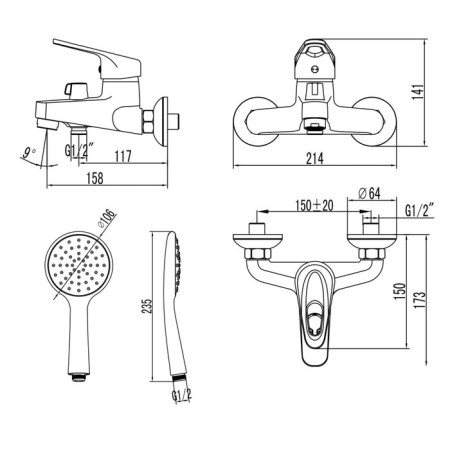 Lemark Luna LM4134C bathtub mixer, single -legged, pour 158 mm, watering can, chrome-1