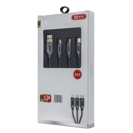 Cable 3 in 1 Byz BL-699, USB-Microusb/Lightning/Type-C, 3.1 a, 1.2 m, silver-3