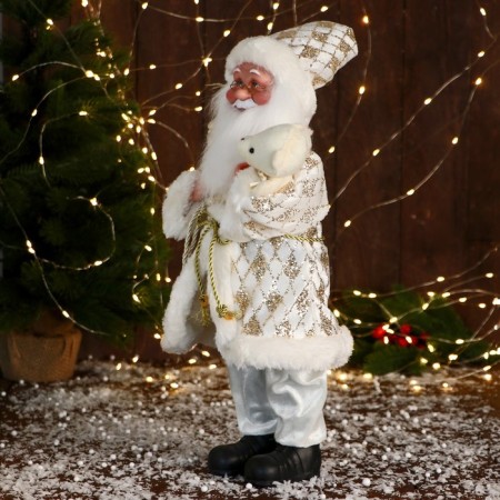 Santa Claus "In the patterned caftan" Music moves his head, 43 cm, white-golden-3