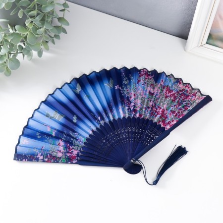 Fan bamboo, textiles h = 21 cm "Flowers and butterflies" Blue, with a brush