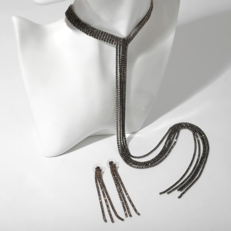 Set 2 objects: earrings, necklace "ice" path, gray color, 30 cm