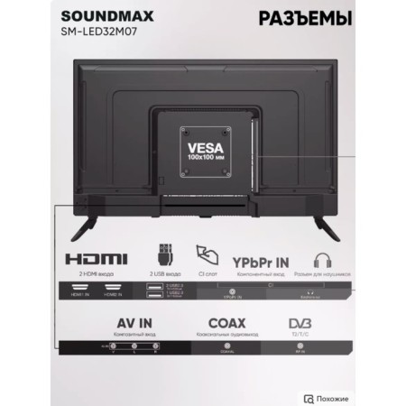 TV Soundmax SM-LED32M07, 32 ", 1366x768, DVB-T2/C/S2, HDMI 2, USB 1 black-1