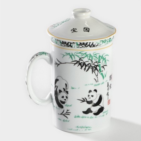 Ceramic mug with a panda lid and sieve, 300 ml, white color-4