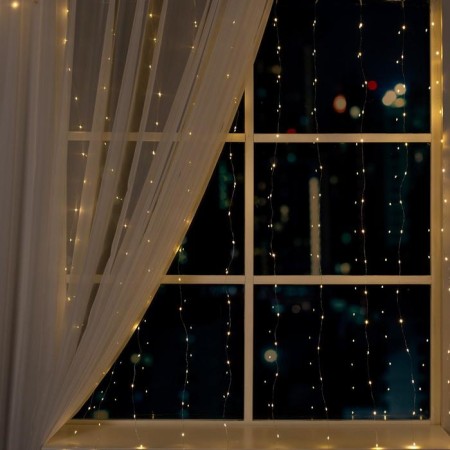 Garland "Curtain" 2 × 2 m Rosa, IP20, silver thread, 300 LED, warm white glow, 12 V