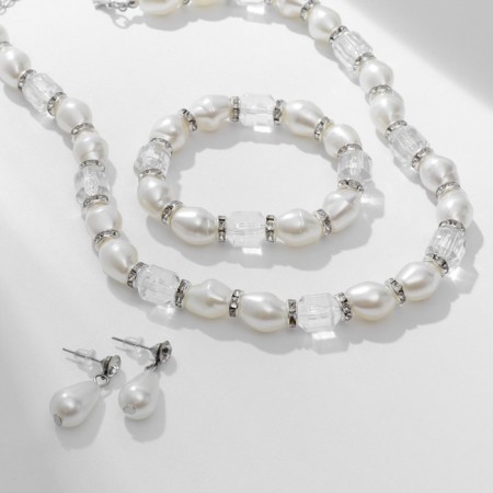 Set 3 objects: earrings, beads, bracelet "Pearls" alternation, white color in glass