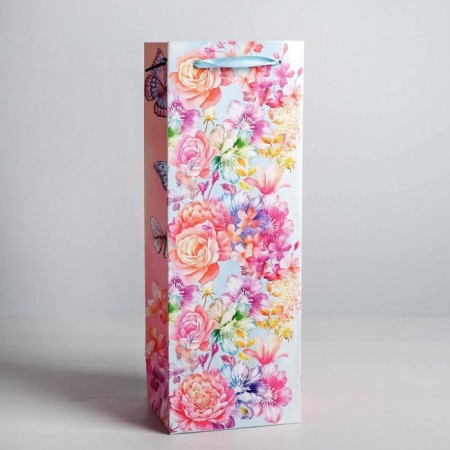 Package Gift Laminated for a bottle, packaging, "flowers and butterflies", 13 x 36 x 10 cm-1