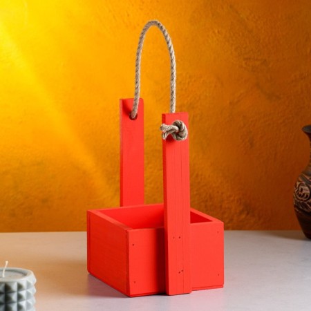 Kashpo wooden 15 × 12 × 25 cm "openwork", rectangular, handle rope, red give beautifully-1