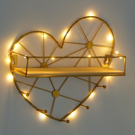 Wall hanger with a shelf "heart", with backlight, 5 hooks, gold-1