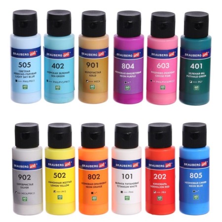 Paint for the fluid art, set of 12 colors x 60 ml, Brauberg,-3