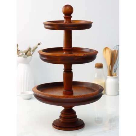 Three -tier vase for fruits and sweets from the natural cedar Magistro, 47 cm, chocolate color-1