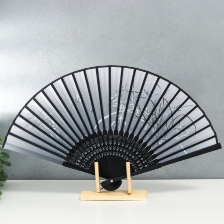 Fan bamboo, textiles h = 21 cm "Butterflies in the grass" black and white, with a brush-1