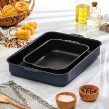 A set of baking sheets with solid handles, 2 items: 19 × 25 cm, 27 × 35 cm, anti -stick coating, blue color