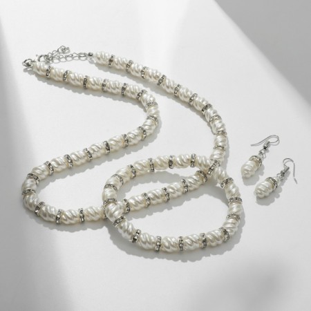 Set 3 objects: earrings, beads, bracelet "Pearls" twisted, white color in silver, 45 cm