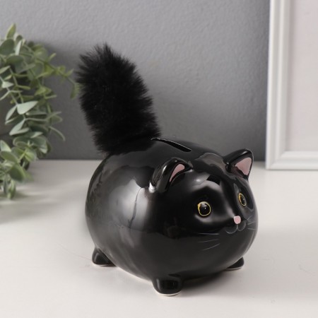 Piggy bank Ceramics "Black kitten with a fluffy tail" 11x9x15 cm-1
