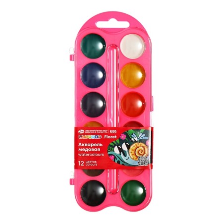 Honey watercolor ZHK "Flower", 12 colors, pink plastic case, without brush-11