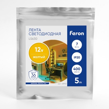 Feron 5 m, IP20, COB LED strip, 400 LED/m, 7 W/m, 12 V, glow of yellow-2