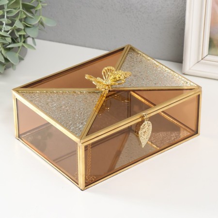 Casket Glass with a metal frame "Butterfly and leaf" Caramel 18.7x14.6x9 cm