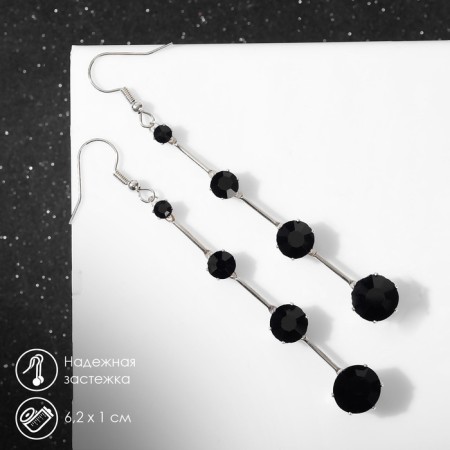 Hanging earrings with rhinestones "Drop" path, black color in silver, 6.2 cm
