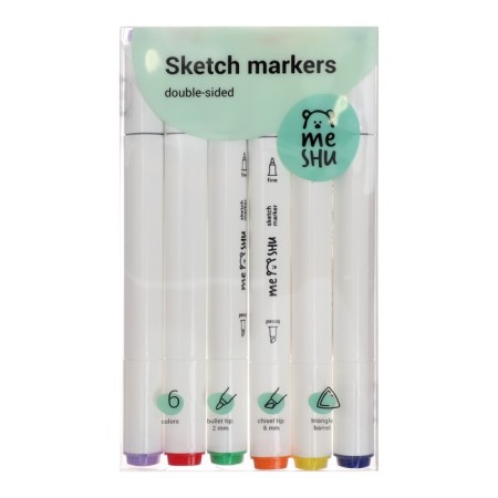 Meshu bilateral markers for sketching, 6 colors (basic colors)
