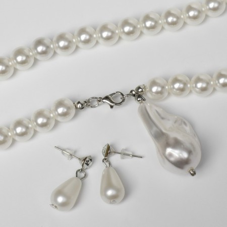 Set 2 objects: earrings, necklace "Pearl" ball No. 8, white color in silver, l = 45 cm-1