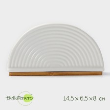 Porcelain napkin on the bamboo stand Bellatenero, 14.5 × 6.5 × 8 cm, white color