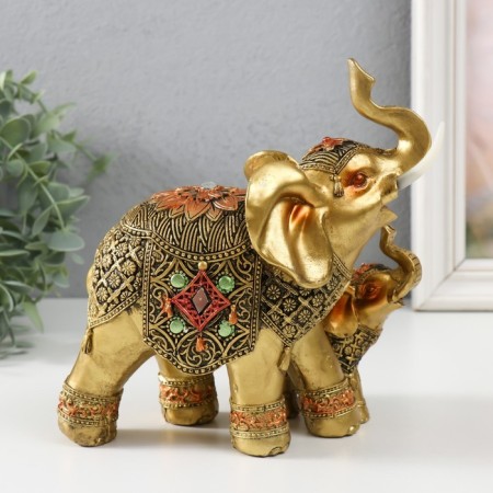 Souvenir Polystone "elephant and elephant in the blade with flower" Bronze 15x12.5x17.5 cm-3