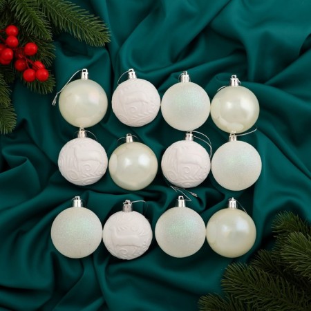 Set of balls plastic D-6 cm, 12 pcs "Melody" pattern shine, white
