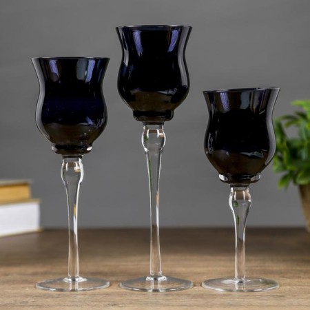 Glass candlestick Set 3 pcs "Voal" height 26cm, 23 cm, 20 cm black-1