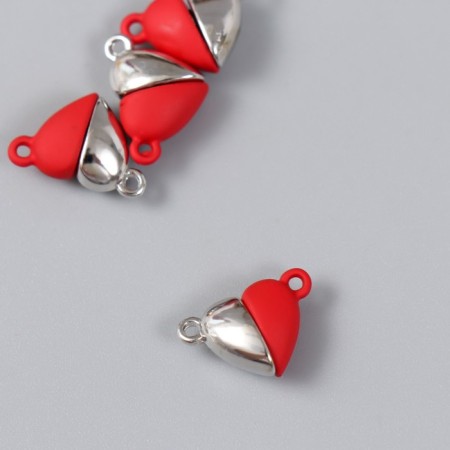 Magnetic metal lock "heart" red and silver 2 pcs 1.2x1.2 cm