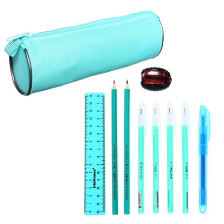 Cleaning set 10 objects (pencil case is 65 x 210 mm, pens 4 pieces Blue, ruler 15 cm, sharpener, pencil 2 pieces, textbook), turquoise