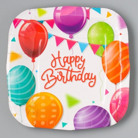 Disposable plate plate square "Happy Birthday", balls, 16.5x16.5 cm-1