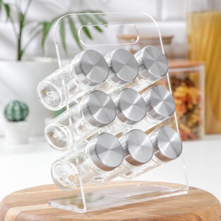 Set for glass spices on the high-tech stand, 19 × 16 cm, 90 ml, 4 × 9.5 cm, 9 pcs