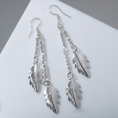 Earrings hanging "leaves" on chains, color silver, 7 cm-1