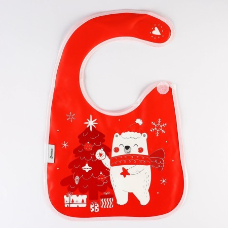 Badion for feeding "New Year's Bear", waterproof on Velcro, with pockets, gift packaging, crumb I-6