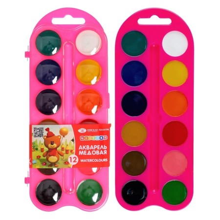 Honey watercolor ZHK "Flower", 12 colors, pink plastic case, without brush