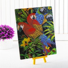 Diamond embroidery with a partial filling of “parrots” with a stand, the size of the picture: 21 × 25 cm