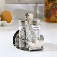 Glass set for spices on a stand, 4 items: a solo, a lists, a napkin, a capacity for toothpicks
