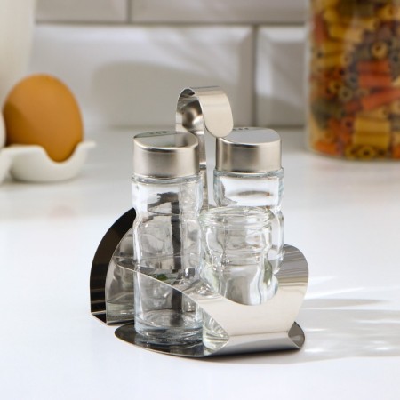 Glass set for spices on a stand, 4 items: a solo, a lists, a napkin, a capacity for toothpicks