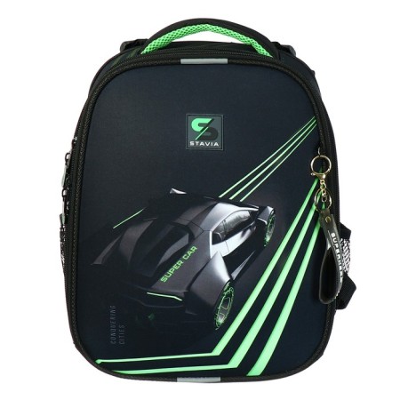 School backpack 38 x 30 x 16 cm, ergonomic back, Stavia "Super Car", black/green-2