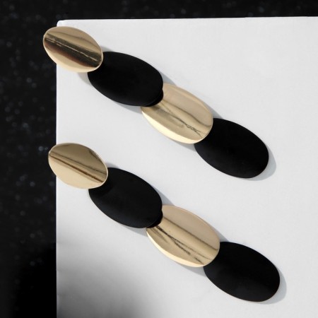 Earrings Metal "Trend" path of ovals, black color in glossy gold-2