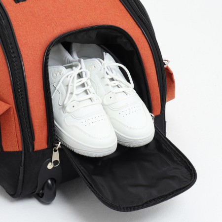 Road bag on wheels, 3 outer pockets, shoes department, black/orange color-4
