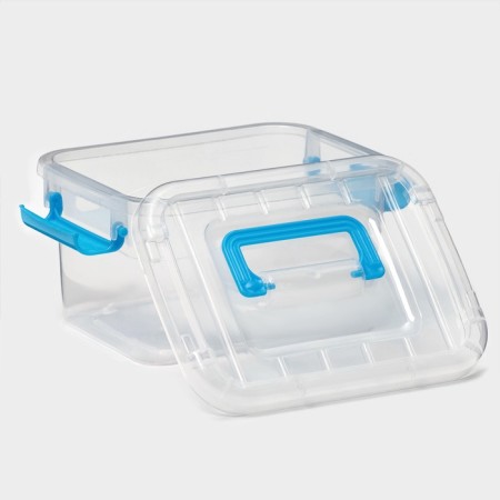 Storage container, cover with a handle on the latch, plastic, 1.35 l, 18.5 × 13 × 9.7 cm, transparent/blue-3