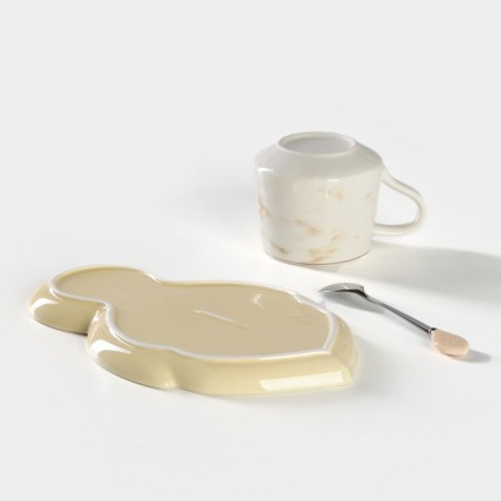 Tea couple ceramic “leaflet”, 3 objects: a cup 320 ml, a saucer 25.5 × 16 cm, spoon, yellow color-6