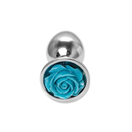 Anal plug Metal by Toyfa, metal, silver with blue rose, d = 27 mm, 8 cm, 48 g 104480-1