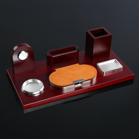 Table set 6V1 with a business card holder and clock, red tree-5