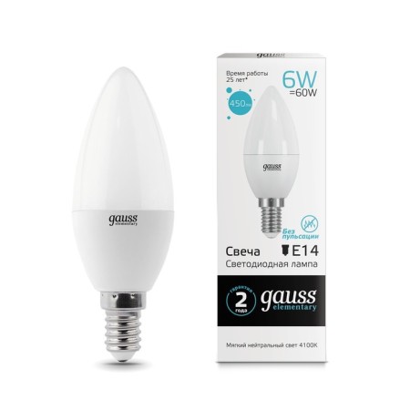 LED LED ELEMENTARY 6W candle 4100K neuter. Bel. E14 450lm Gauss 33126