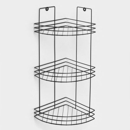 The bathroom shelf is an angular 3-tier, 20 × 20 × 49 cm, black color