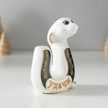 Souvenir Ceramics "White Cobra with horseshoe - good luck" 5x7x8.5 cm-2