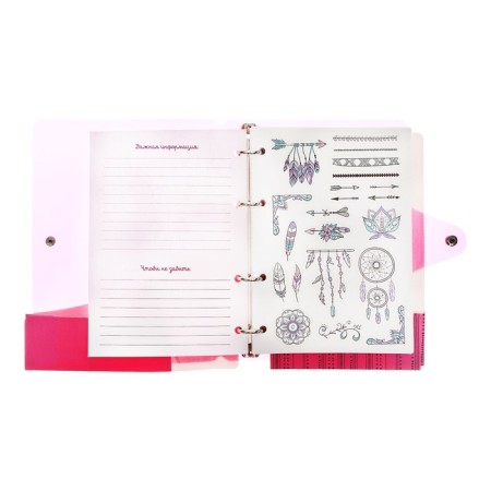 A notebook on rings A5 120 sheets in the Lorex "Neon. Pink" cage, with a change of block, a plastic cover, with stickers-4
