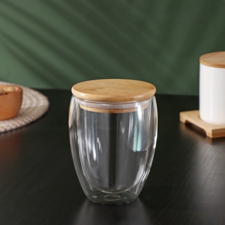Glass glass with double walls and bamboo lid Bellatenero Eco, 330 ml-1